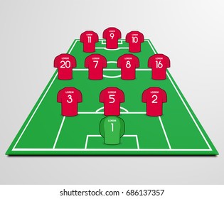 Football (soccer) starting line-up with t-shirts