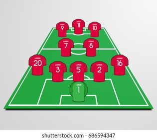 Football (soccer) starting line-up with t-shirts