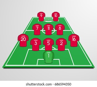 Football (soccer) starting line-up with t-shirts