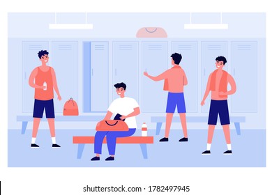 Football Or Soccer Team Changing In Locker Room. Cheerful Young Men Getting Ready For Training. Vector Illustration For Gym, Fitness Club, School Or College Sport Team Concept