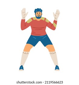 El futbolista o portero del equipo de fútbol atrapando pelota, ilustración vectorial de dibujos planos aislados en fondo blanco. Personaje masculino del jugador de fútbol con uniforme.