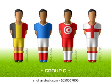 Football / soccer team players in the uniform of national flags for football championship in Russia 2018. Group G with footballers of Belgium, Panama, Tunisia and England, vector illustration