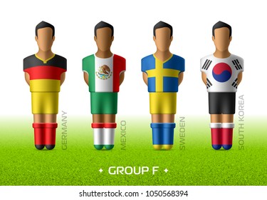 Football / soccer team players in the uniform of national flags for football championship in Russia 2018. Group F with footballers of Germany, Mexico, Sweden and South Korea, vector illustration