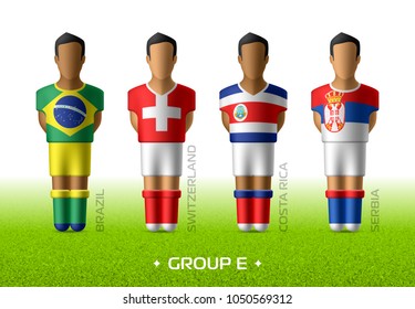 Futbolistas del equipo de fútbol con el uniforme de banderas nacionales para el campeonato de fútbol en Rusia 2018. Grupo E con futbolistas del Brasil, Suiza, Costa Rica y Serbia, ilustración vectorial