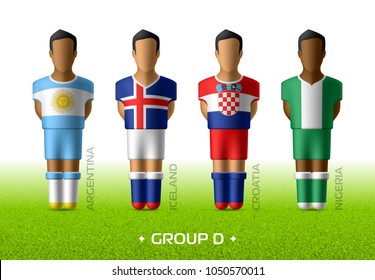 Football / soccer team players in the uniform of national flags for football championship in Russia 2018. Group D with footballers of Argentina, Iceland, Croatia and Nigeria, vector illustration