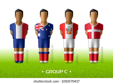 Football / soccer team players in the uniform of national flags for football championship in Russia 2018. Group C with footballers of France, Australia, Peru and Denmark, vector illustration