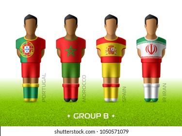 Football / soccer team players in the uniform of national flags for football championship in Russia 2018. Group B with footballers of Portugal, Morocco, Spain and Iran, vector illustration