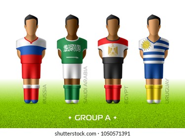 Football / soccer team players in the uniform of national flags for football championship in Russia 2018. Group A with footballers of Russia, Saudi Arabia, Egypt and Uruguay, vector illustration