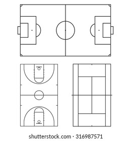 Football or soccer, tennis and basketball fields. Realistic blackboard for tactic plan. Vector illustration.