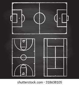 Football or soccer, tennis and basketball fields isolated on blackboard texture with chalk rubbed background. Realistic blackboard for tactic plan. Vector illustration.