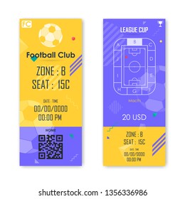 Football, Soccer ticket card purple and yellow color modern vertical pattern element for graphic design. Vector illustration