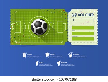 Football or Soccer ticket template design for sport match. Soccer pitch with scotch pattern. Black and White Soccer ball on football field. Gift vouchers or certificate coupons. Vector illustration.