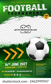 Football or soccer tournament poster template with ball, arrows and place for your photo - vector illustration