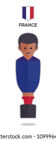 football or soccer toy table gamer. Vector with a one player illustration from France on blue color t shirt flat design background for sport fans