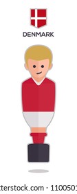 football or soccer toy table gamer. Vector with a one player illustration from Denmark on red color t shirt flat design background for sport fans