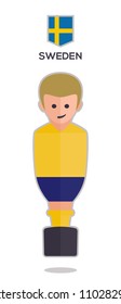 football or soccer toy table gamer. Vector with a one player illustration from Sweden on yellow color t shirt flat design background for sport fans
