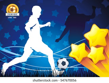 Football or Soccer vector composition. Graphics poster. Match announcement flyer. Action player. Abstract background for design. Original illustration sports series with place for your text, eps8