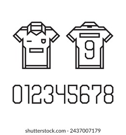 Football soccer vector team black outline short sleeve jersey front view and back view with numbers on white background.