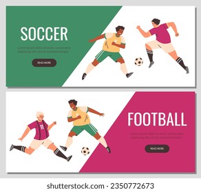 Football and soccer web banners set, flat vector illustration. Men playing football. Sports game concept. Soccer team training. Competition and championship.