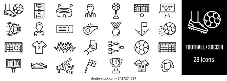 Football or Soccer Web Icons. Stadium, Fans, Football Referee, Goal, Football Team. Vector in Line Style Icons