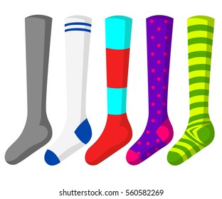Football socks. Flat vector illustration isolated on white background. Set of socks in a different pattern