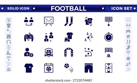 Football solid icon set. Soccer. Kicking a ball, team, rule, goal, players, medal, football, basketball, cycling, athlete, racket, table tennis, sparing, gym, weight training, golf, volleyball.
