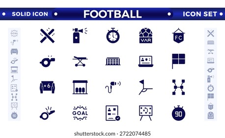 Conjunto de iconos sólidos de fútbol. Fútbol. Patear una pelota, equipo, regla, gol, jugadores, medalla, fútbol, baloncesto, ciclismo, atleta, raqueta, tenis de mesa, sparing, gimnasio, entrenamiento con pesas, golf, voleibol.
