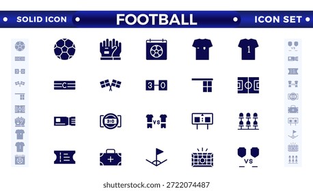 Conjunto de iconos sólidos de fútbol. Fútbol. Patear una pelota, equipo, regla, gol, jugadores, medalla, fútbol, baloncesto, ciclismo, atleta, raqueta, tenis de mesa, sparing, gimnasio, entrenamiento con pesas, golf, voleibol.
