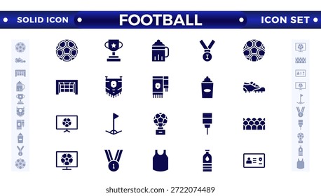 Conjunto de iconos sólidos de fútbol. Fútbol. Patear una pelota, equipo, regla, gol, jugadores, medalla, fútbol, baloncesto, ciclismo, atleta, raqueta, tenis de mesa, sparing, gimnasio, entrenamiento con pesas, golf, voleibol.
