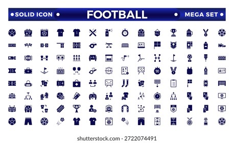 Conjunto de iconos sólidos de fútbol. Fútbol. Patear una pelota, equipo, regla, gol, jugadores, medalla, fútbol, baloncesto, ciclismo, atleta, raqueta, tenis de mesa, sparing, gimnasio, entrenamiento con pesas, golf, voleibol.
