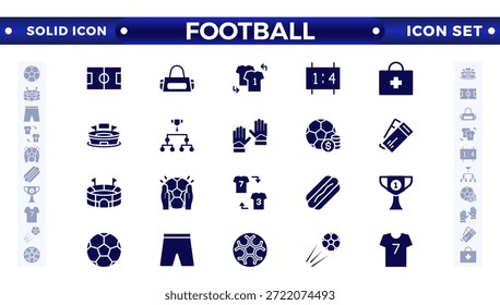 Conjunto de iconos sólidos de fútbol. Fútbol. Patear una pelota, equipo, regla, gol, jugadores, medalla, fútbol, baloncesto, ciclismo, atleta, raqueta, tenis de mesa, sparing, gimnasio, entrenamiento con pesas, golf, voleibol.
