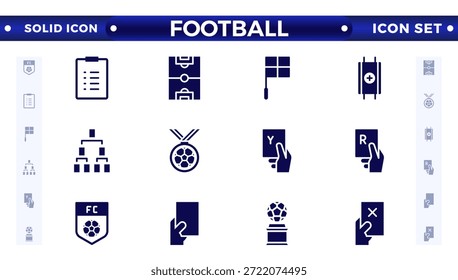 Conjunto de iconos sólidos de fútbol. Fútbol. Patear una pelota, equipo, regla, gol, jugadores, medalla, fútbol, baloncesto, ciclismo, atleta, raqueta, tenis de mesa, sparing, gimnasio, entrenamiento con pesas, golf, voleibol.
