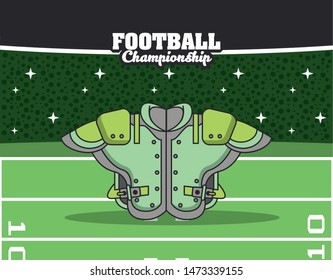 Football sport championship emblem with equipment symbols on playfield stadium background , sport tournament. vector illustration.