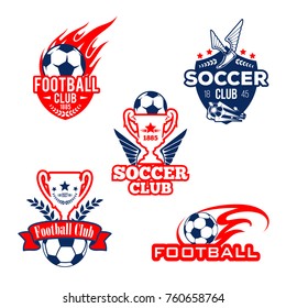 Football sport club badge and soccer game competition symbol set. Soccer ball with winner cup or champion trophy on heraldic shield with flame, laurel wreath, winged boots and star for football design