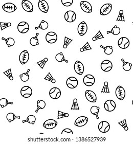 Football Sport Element Seamless Pattern Print. Outdoor Activity Badminton Equipment Outline Abstract Texture. Ping Pong Game Wallpaper Design. Summer Holiday Play Vector Illustration