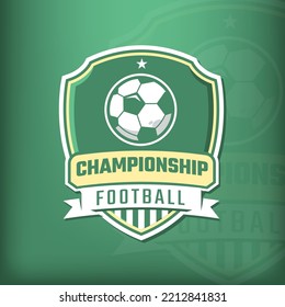 Football sport emblem with green shield on dark green background