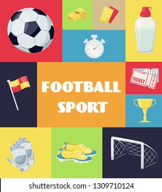 Football sport equipment soccer ball hobby training vector illustration. Playing sportswear professional tools. Running footwear card flag, award, sneakers.