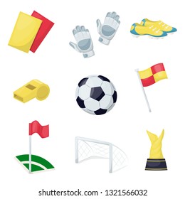 Football sport equipment soccer ball hobby training vector illustration. Playing sportswear professional tools. Running footwear card flag, award, sneakers.