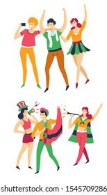Football sport fans, men and women with flags and hats screaming in megaphone or pipe vector. Buffs cheering up team, buffs or rooters with smartphone. Isolated people groups watching game or match