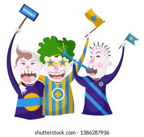 Football or sport fans in striped symbolic clothing with flags pipe and signboard vector guy in star-shape glasses cheering up caricature characters in team color outfits game or tournament viewer