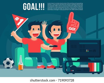 Football Sport fans watching TV broadcasting, guy & girl yell, drink beer cool vector banner or poster illustration