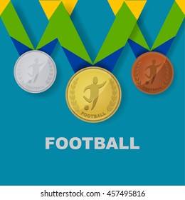 Football sport icon on medal award set with Brazilian color theme designed of ribbon in vector illustration 