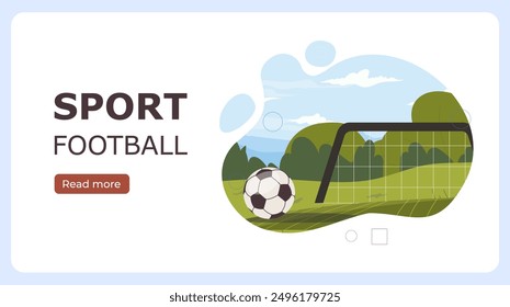 Football sport poster. Ball near goal net. Active lifestyle and team sports. Tournament and competition, league. Landing webpage design. Flat vector illustration isolated on white background