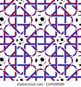 Football sport poster design. Seamless pattern with tricolor flag and soccer balls. Ribbon colors red, blue, white. Vector background design trend