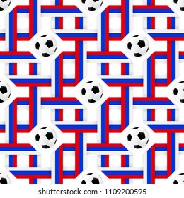Football sport poster design. Seamless pattern with tricolor flag and soccer balls. Ribbon colors red, blue, white. Vector background design trend