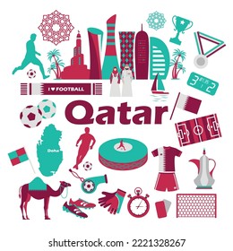 Football sports competition, Qatar tourist icon set. Doha background in color national flag. National day. Middle eastern football.