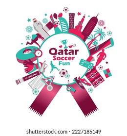 Football sports competition, Qatar tourist icon set. Doha background in color national flag. National day. Middle eastern football. Frame layout.