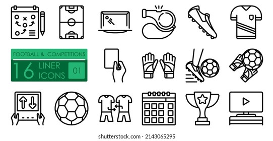 Football and sports competitions. Boots, uniform, soccer ball. Prize for winning the competition. Set of simple linear icons