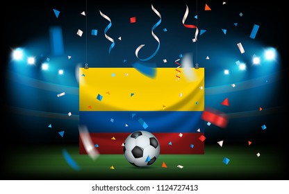 Football stadium with the ball and the flag. Columbia wins
