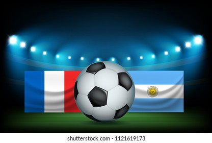 Football stadium with the ball and flags. France vs Argentina